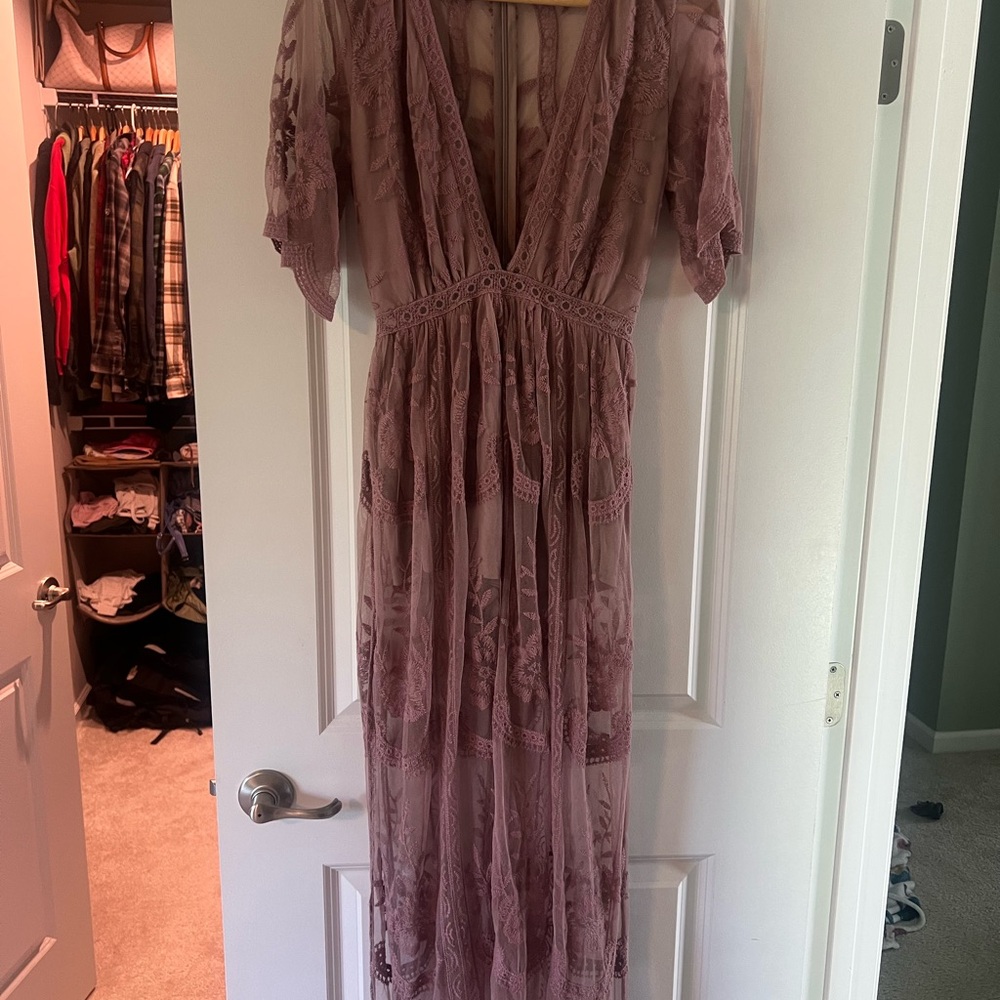 Honey Punch Pink Puff Sleeve Gown with Plunge Neckline